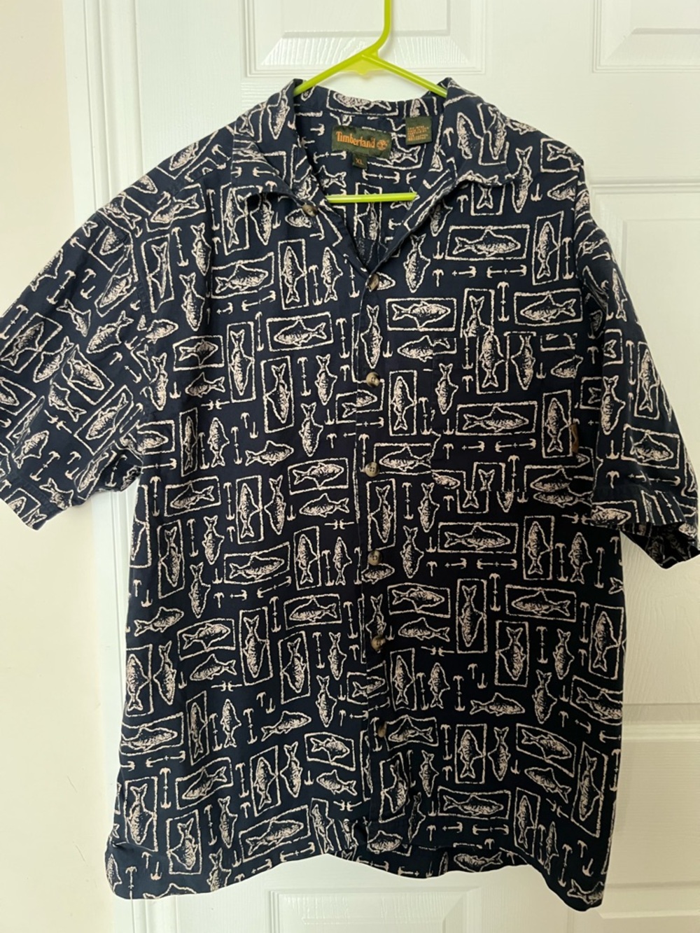 Timberland Black Short-Sleeve Button-Up with Cream Fish Print